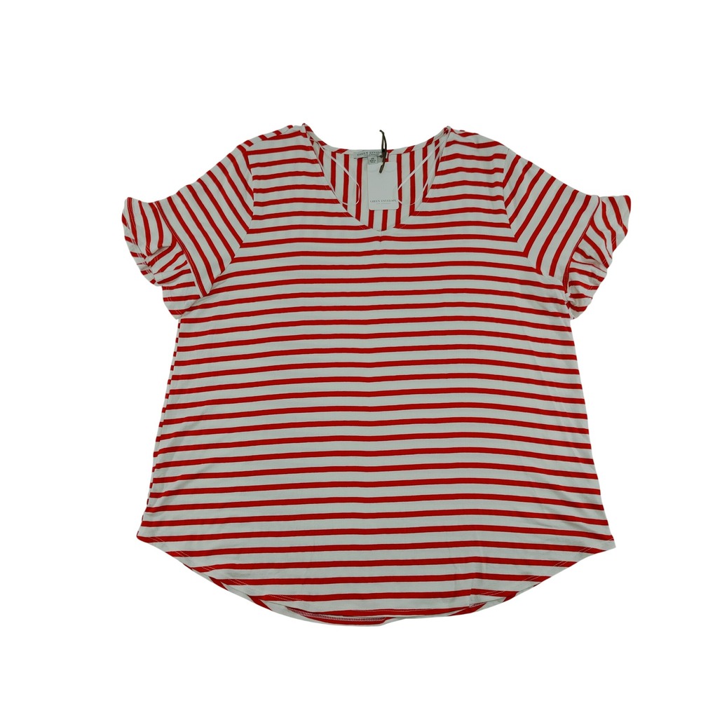 Green Envelope Red White Striped Ruffle‎ Sleeve V-Neck Top Plus Size 2X